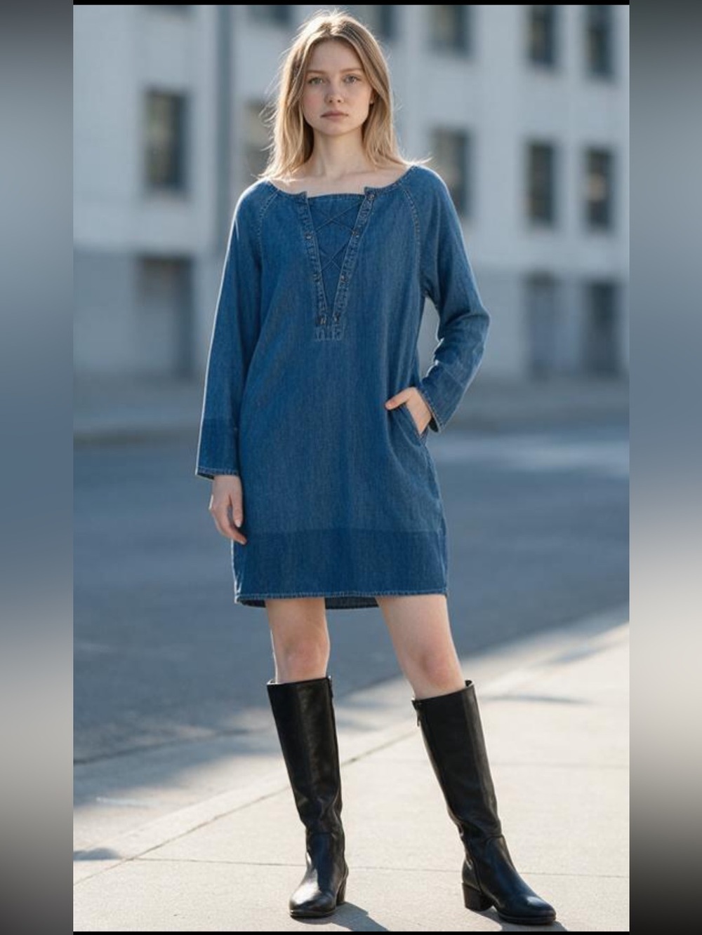 Lauren Ralph Lauren Denim Lace-up Dress - 1X